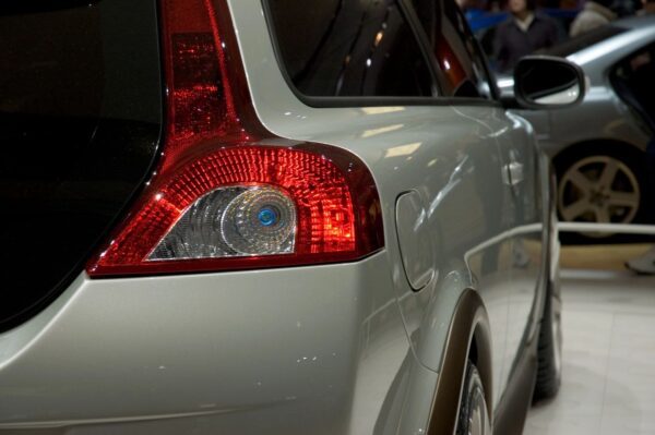 A close up of the rear lights on a car